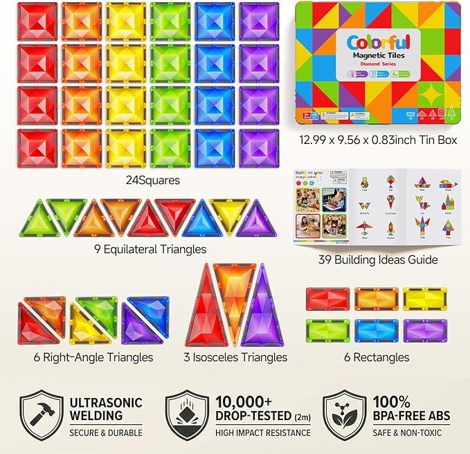 Large Diamond Magnetic Building Tiles: 48 PCS Deluxe 3D Play Blocks | 3x Sparkling Transparent Cut - 7.5cm Big Size STEM Sensory Toy with Tin Box Storage Organizer for Toddlers Age 3-6 Birthday
