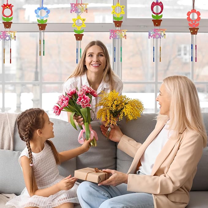 Fennoral 12 Pack Flower MOM Wind Chime Kit for Kids Make You Own Mother's Day Craft Kit DIY Coloring Wooden Art and Craft for Mom's Birthday Decoration Mother's Day Gifts from Daughter Son