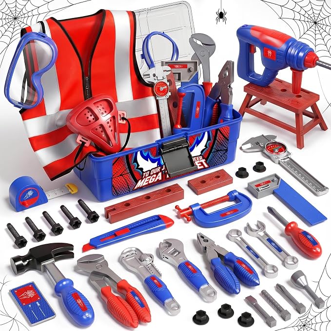 Kids Tool Set for Boys-Toddler Drill with Tool Box | Electronic Toy STEM Pretend Play Construction Toys with Costume Vest, Girls Toys for 3 4 5 6 7 Year Old (Blue)