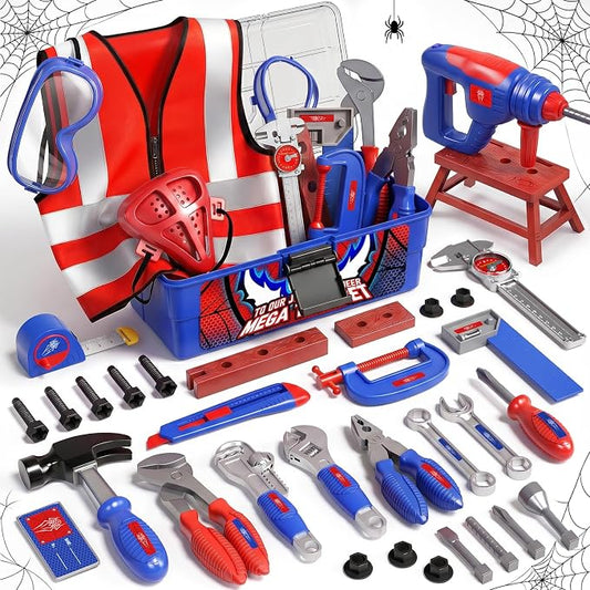 Kids Tool Set for Boys-Toddler Drill with Tool Box | Electronic Toy STEM Pretend Play Construction Toys with Costume Vest, Girls Toys for 3 4 5 6 7 Year Old (Blue)