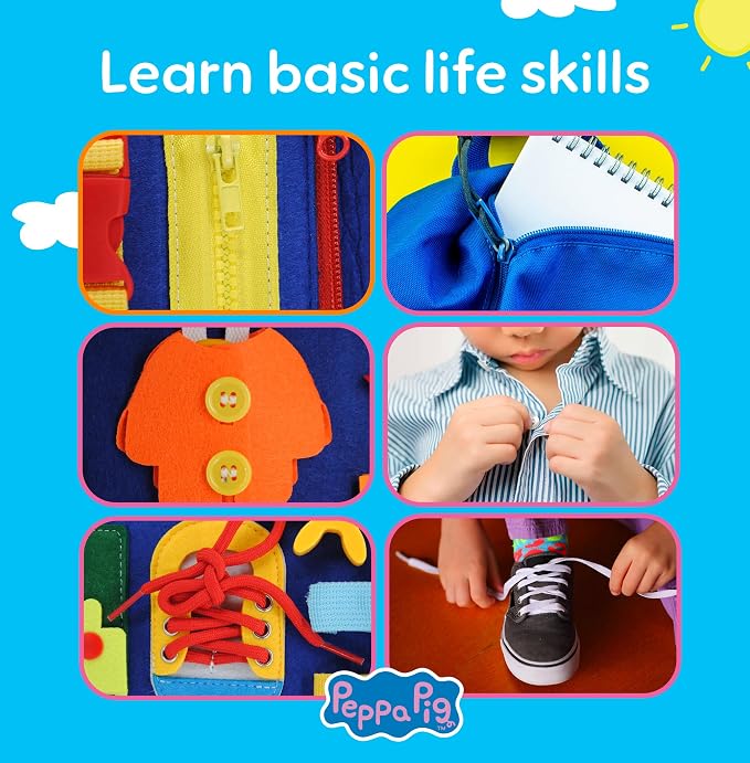 Official Evie Busy Board for Toddlers 3-5 - Montessori Busy Book - Peppa Pig Baby Sister, Sensory Travel Toy for Airplane & Car, Preschool Learning Fine Motor Skills, Birthday Gift for Boys & Girls