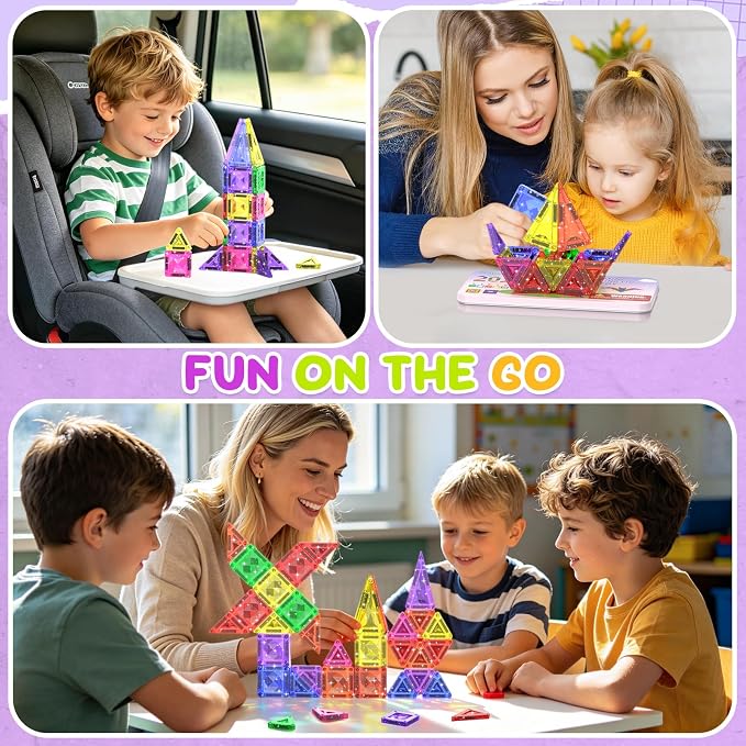 38PCS Mini Magnetic Tiles Glitter Diamond Pattern Magnetic Tiles Travel Set | Magnetic Blocks Building Toys with Case for Kids Ages 4-8, Portable Creativity Boosting Sensory Toys for Boys Girls Gift