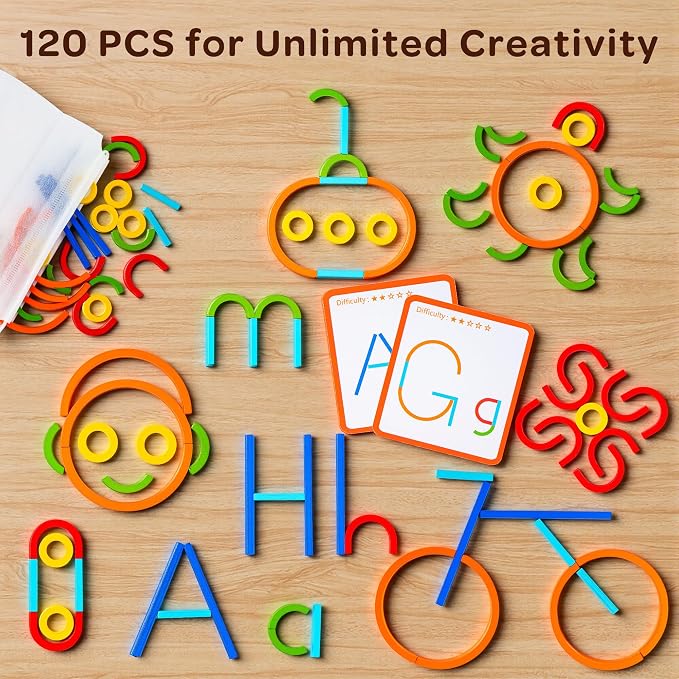 Montessori Smart Sticks and Rings Set with Challenge Cards, 120PCS Creative STEM Kit with Wooden Pattern Blocks for Kids, Preschool Learning Activities and Classroom Use