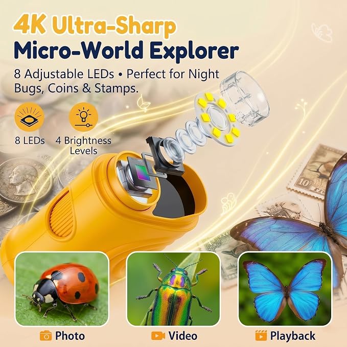 Kids Microscope, 4K 1000X Zoom, 2.4" Screen, STEM Toy for Ages 4-8 | Digital Microscope with Photo & Video Recording, 8 LED, USB Rechargeable, No Slides Needed, Birthday Gift for Boys Girls 4-12