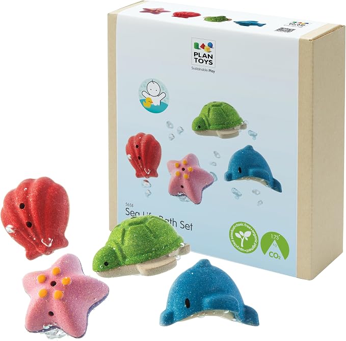 PlanToys® Sea Life Bath Set Wooden Montessori Water Play Kids Toy Ocean | wooden sea life bath set, montessori tactile water play, fine motor sensory exploration, cause effect learning, kids toy