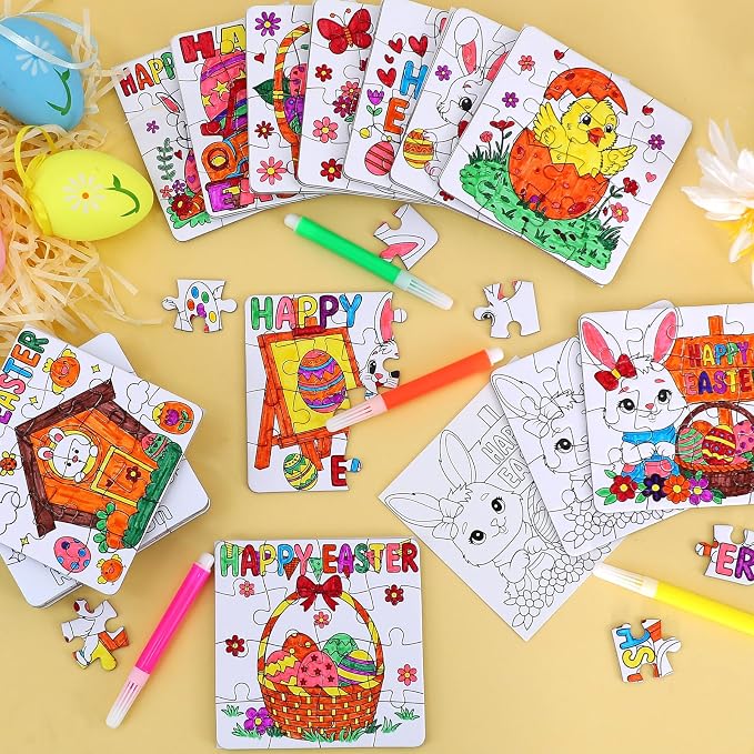 24 Pcs Easter Crafts Puzzle for Kids & Adults, Easter Gifts DIY Jigsaw with Egg Bunny Basket Flower, Spring April Arts and Craft for Party Favors Classroom Activities Coloring Games & Paper Toy Bulk