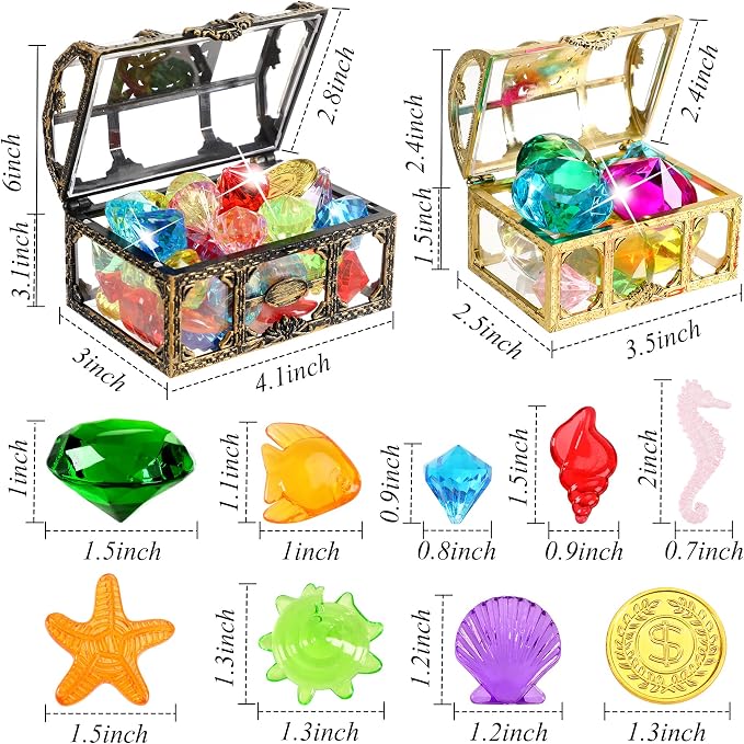 70 Pcs Diving Gem Pool Toys with 2 Treasure Pirate Boxes | Colorful Acrylic Diamonds, Fake Gemstones, Swim Underwater Toys, Pool Water Games, Summer Birthday Gift Party Decorations