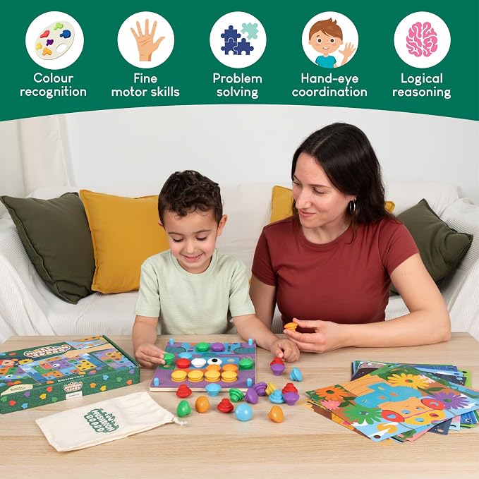 BONNYCO Button Art Toy with 50 Templates and 32 Buttons. Color Matching Peg Board for Kids, Montessori Toys for 2 Year Old, Wooden Puzzle for Toddlers 1-3, Baby Learning Games, Stem Educational Gift | Children's mosaic for fine motor skills. Puzzles an...