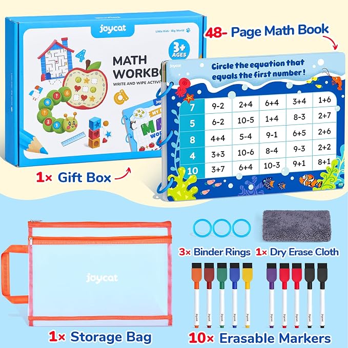 JoyCat Math Busy Book for Toddlers Reusable Preschool Workbook for Ages 3–8 | with 10 Dry-Erase Markers, Number Tracing & Counting Activity Book for Kids, Kindergarten Learning Activities, Travel-Ready