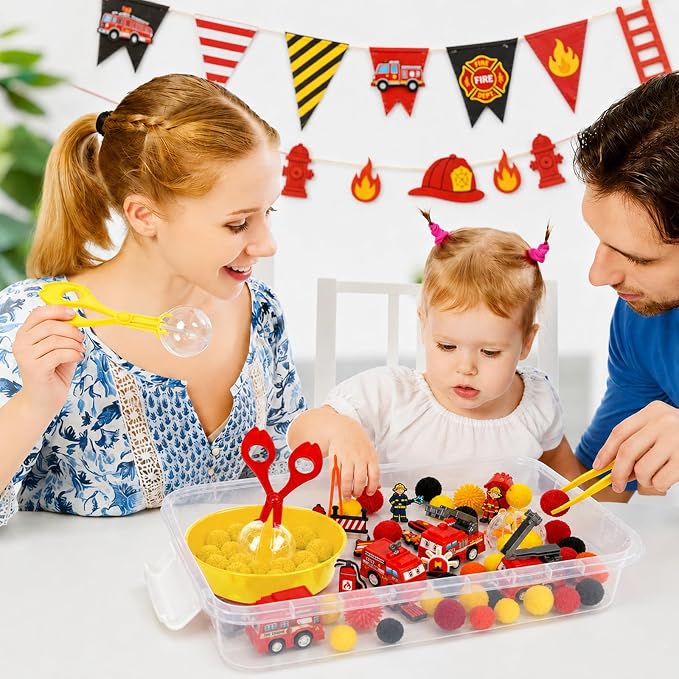Cinrobiye 138Pcs Firefighter Sensory Bin Fillers Set, Fire Truck Rescue Theme Kit with Fire Station, Rescue Vehicle, Traffic Barrier, Storage Box for Scene Setup, Classroom Activities Creative Project
