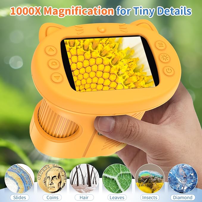 Kids Handheld Digital Microscope 1000X: Science Gift Kit STEM Toy Ages 5-13 | 8GB SD Card for Photo/video, Rechargeable, 2.4" Screen, 8 LEDs, Portable Magnifying Glass Pocket Miniscope for Girls Boys