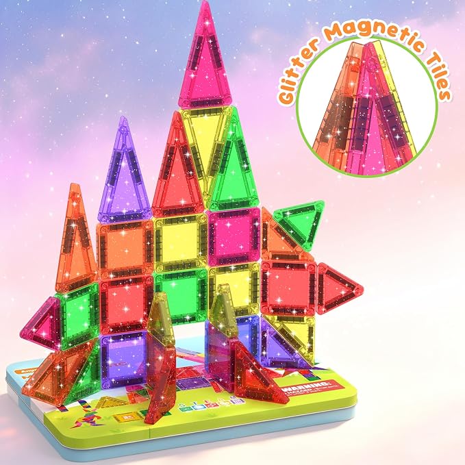 46PCS Glitter Mini Magnetic Tiles Travel Set with Storage Case | Portable Magnetic Blocks Building Toys for Toddlers Kids Ages 4-8, Classroom STEM Learning Toys for Boys Girls Birthday Gift