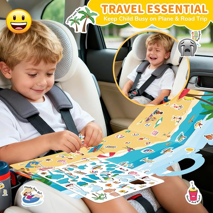 3 Sets Reusable Sticker Book for Toddlers 3-6, Jelly Sticker Books for Toddler, Travel Sticker Activity Toys for Kids 3 4 5 6 Years Old Girls & Boys（Weather + Insect + Beach）