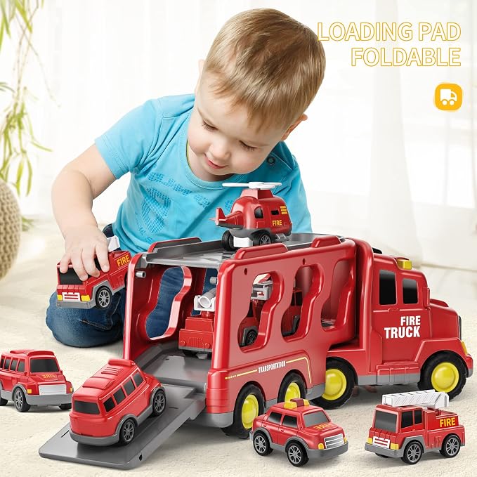 Fire Truck Toys for Toddler 3-5, Transport Car with Light Sound | 7-in-1 Fire Car Carrier Vehicle Set for Girls 3 4 5 6 Years Old, Birthdays Gifts for Kids Girls Aged 3-9