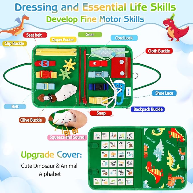 Esjay Busy Board Montessori Toys for Boys and Girls, Sensory Book Educational Activities for Learning Fine Motor Skills, Birthday Gifts, Travel Toys for Airplane Car, Green Multipages