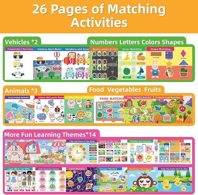 Busy Book for Toddlers 3-5, Montessori Preschool Learning Activities | Toddler Quiet Reusable Sticker Activity Book, Autism Sensory Travel Toys, Educational Gift for Boys Girls Kids ( 26 Pages )
