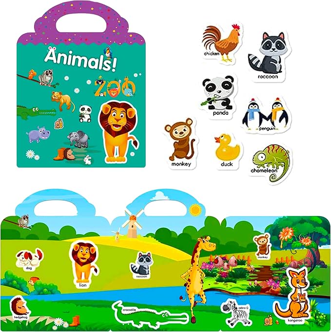 Reusable Sticker Book for Kids, Animal Stickers Educational Learning Toys Travel Stickers Activity Books for Toddler Girls Boys Age 3+ Birthday Gifts