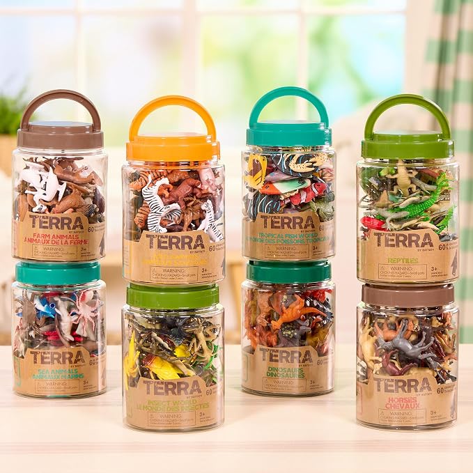 Terra by Battat Farm Animals Toy Tube, 60 Mini Figures, 12 Designs, Tubes | 60 plastic farm animal toys in a storage tube with 12 realistic designs; cow, pig, goat, sheep and more, Animals; 3+ Years