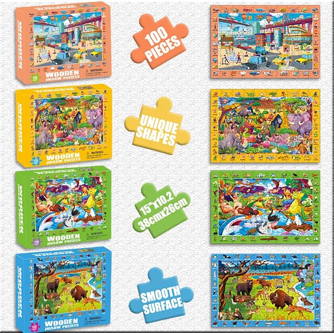 100 Piece Jigsaw Puzzle for Kids Ages 4-6, 4-Pack Animal & Vehicle Themes | Educational Learning Toys for Kids Ages 6-8 8-10, Birthday Gifts for Girls Boys
