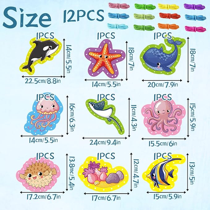 Ocean Animal Lacing Card Set for Kids, 12 Colorful Lacing Cards and Laces, Fun DIY Craft Project for Toddlers, Preschoolers, Perfect for Home and Classroom Activities, Ocean-Themed Design