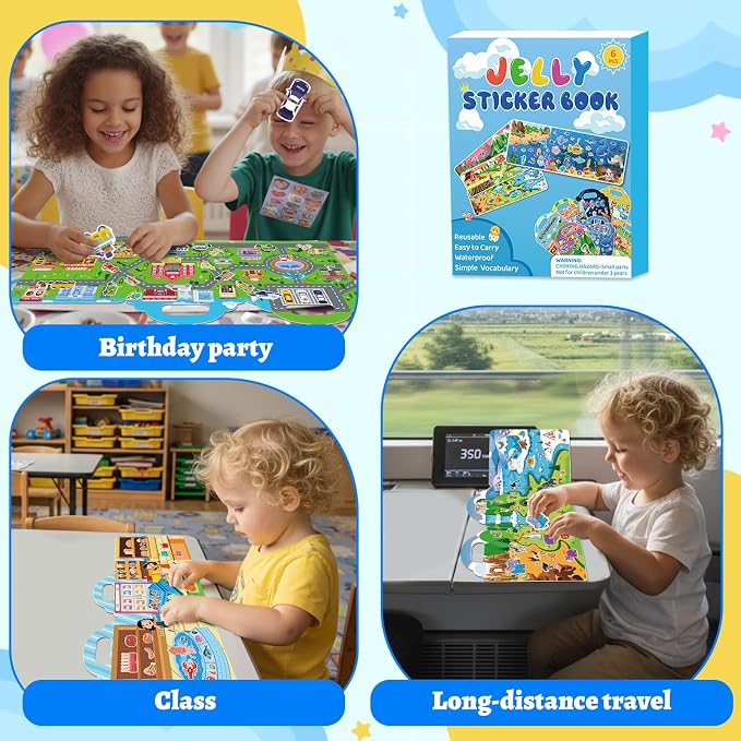 6 Pack Jelly Reusable Sticker Books for Toddlers | Toddler Toys,Birthday Gifts for Boys Girls,Airplane Travel & Road Trip Essentials Kids