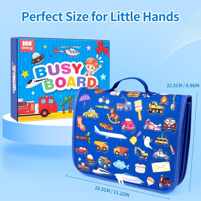 Toddler Busy Board, Montessori Busy Book, Quiet Educational Activity Book | 12-Page Learning Sensory Toys for Car Airplane, Toddlers Travel Toy for Motor Skills, Birthday Gifts for Boy Girl Kids (Blue)