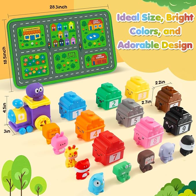 URMYWO Learning Toys for 1 2 3 Years Old Boy Girl, Montessori Toddler Toys | Train Set with 10 Finger Puppets & Play Mat, Counting Matching & Sorting, Toddler Birthday Gift