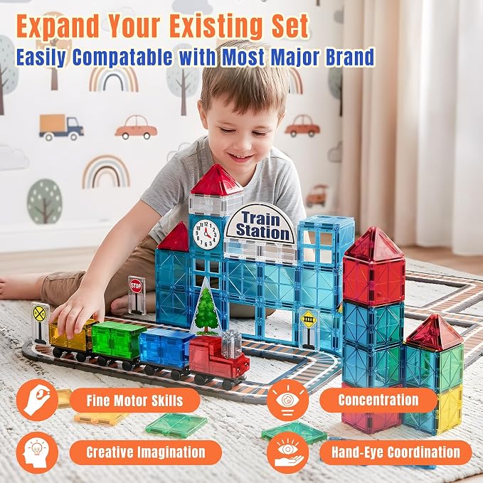 SKTMYY Train Toy Magnetic Tiles for Kids Ages 4-8 with Train Station Tracks | Magnet Building Blocks with Cars Signal Preschool Classroom STEM Montessori Toys Birthday Gifts for Boys Girls Toddler 3-5
