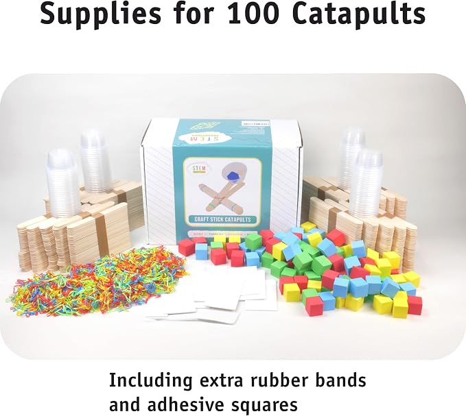Catapult Kit, 100-Pack - Bulk STEM Kits for Large Groups, Ages 8+ | Builds 100 mini catapults, pre-counted supplies for several classes, hands-on physics of force and energy