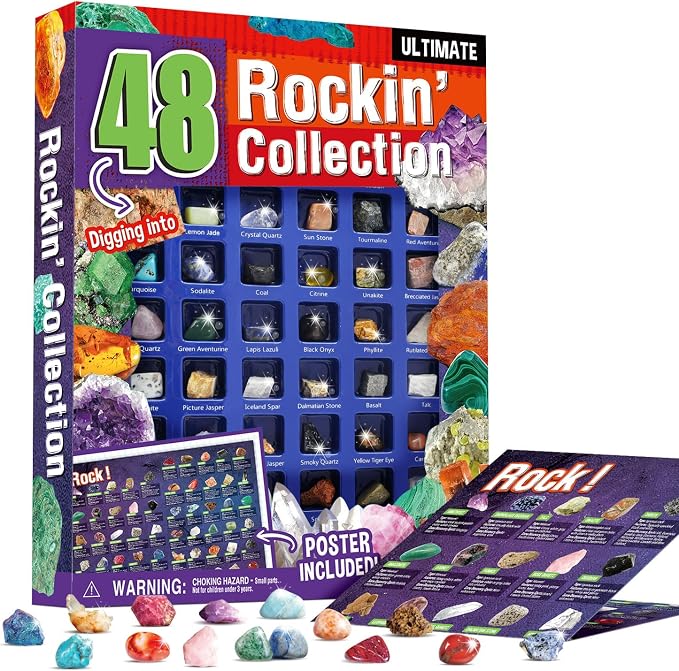 Rocks Collection 48 PCS Gemstones - STEM Geology Kit for Kids with ID Guide | Includes Tiger’s Eye, Rose Quartz, Red Jasper & more. 48 rocks, minerals & crystals with ID guide. STEM gift for boys & girls