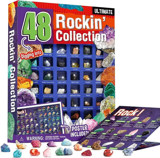 Rocks Collection 48 PCS Gemstones - STEM Geology Kit for Kids with ID Guide | Includes Tiger’s Eye, Rose Quartz, Red Jasper & more. 48 rocks, minerals & crystals with ID guide. STEM gift for boys & girls
