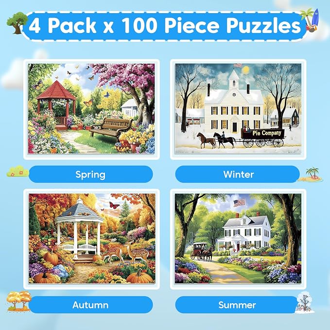 4 Pack 100 Piece Puzzles for Seniors, Four Seasons Jigsaw Puzzles | Elderly Large Piece Puzzle for Adults & Kids Ages 4-6 6-8 8-10, Easy Beginner Puzzle Family Educational Toy Gift