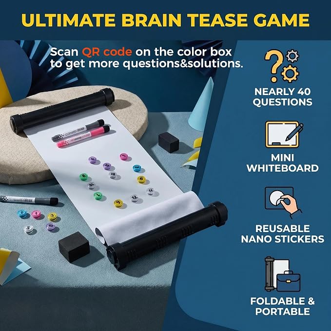 Roll-Up Mini Whiteboard - Uncross Challenge Puzzle Game, Magnetic Markers & Blocks, Reusable Portable IQ Training Toy for Adults, Party Travel, Multi-Surface Nano Adhesive Whiteboard