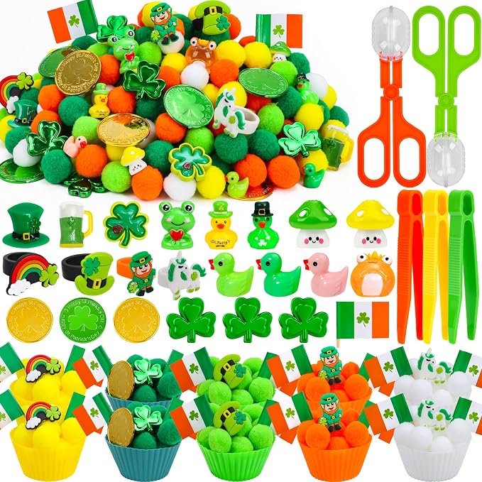 307 Pcs St. Patrick's Day Sensory Bin Filler Shamrock Fine Motor Sensory Bin Items Includes Pom Poms Irish Shamrock St. Patrick's Hat Resin Animals for Counting Sorting Training