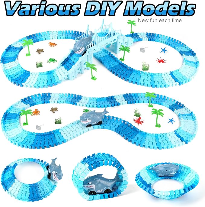 Coroiesty 264 PCS Shark Race Tracks for Kids Toys, Flexible DIY Track Set | Glow in The Dark Magic Toy Set, 2 Shark Cars Track, Birthday Gift for Age 3-9 Boys Toddler Girls