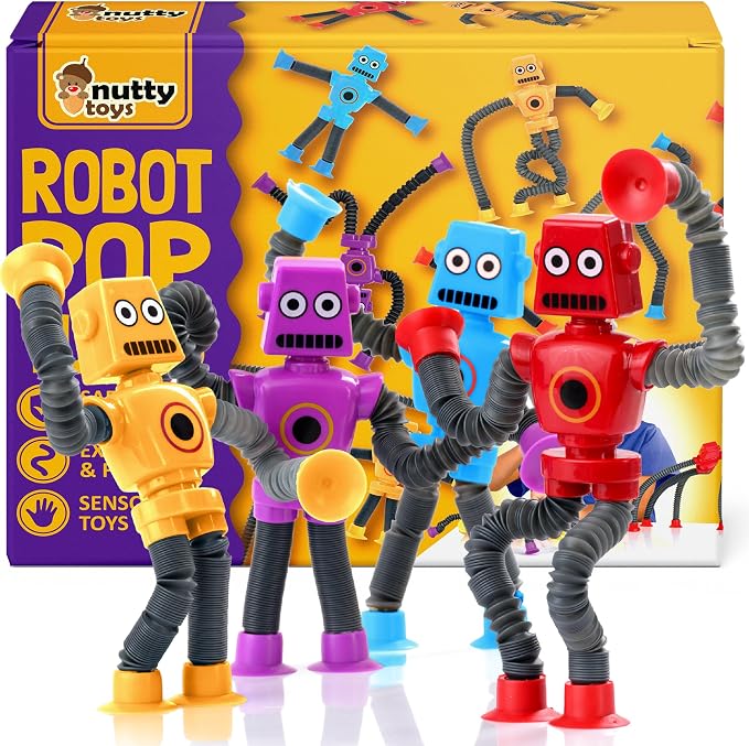 nutty toys Sensory Robot Toys 4pk - Top Pop Tubes Fidget 2026 for ADHD & Autism Ages 3 4 5 6 7 8 9 10 11 12, Best Kids Travel Idea, Unique Christmas Toddler & Tween Gift Idea & Boy Stocking Stuffers