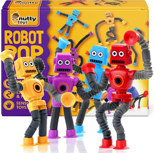 nutty toys Sensory Robot Toys 4pk - Top Pop Tubes Fidget 2026 for ADHD & Autism Ages 3 4 5 6 7 8 9 10 11 12, Best Kids Travel Idea, Unique Christmas Toddler & Tween Gift Idea & Boy Stocking Stuffers