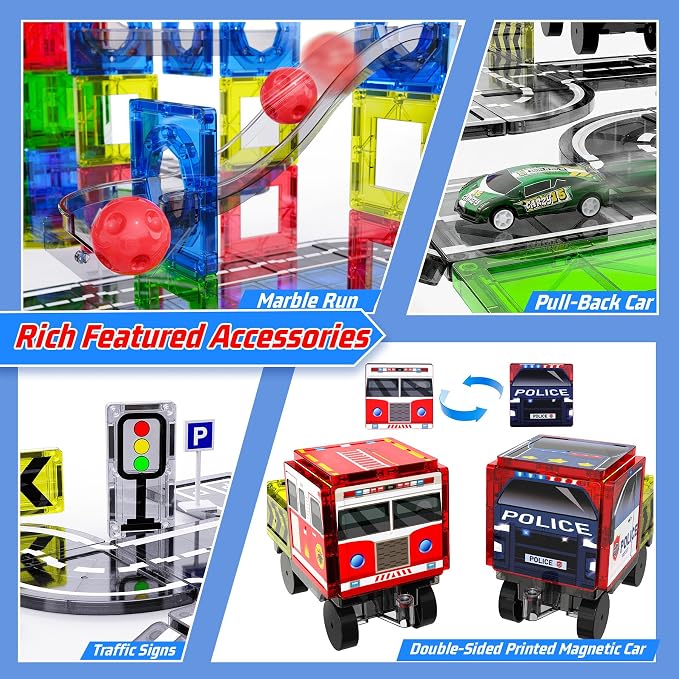 SKTMYY 150PCS Magnetic Tiles Road Set with Marble Run, Preschool Magnet Tiles Included Magnetic Cars. STEM Magnetic Tiles for Kids, Preschool Educational Building Toys for Boys & Girls