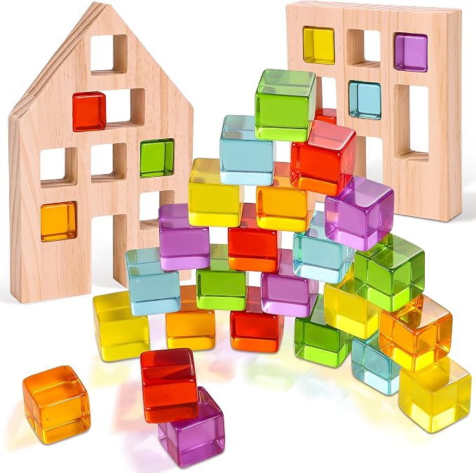 Woodtoe 24 PCS Rainbow Blocks Set, Wooden Building Blocks for Kids Ages 3-6 | Montessori Stacking Toy, Educational STEM Sensory Activity, Creative Building Game, 2 Wood House, Birthday Toy for Boys Girls