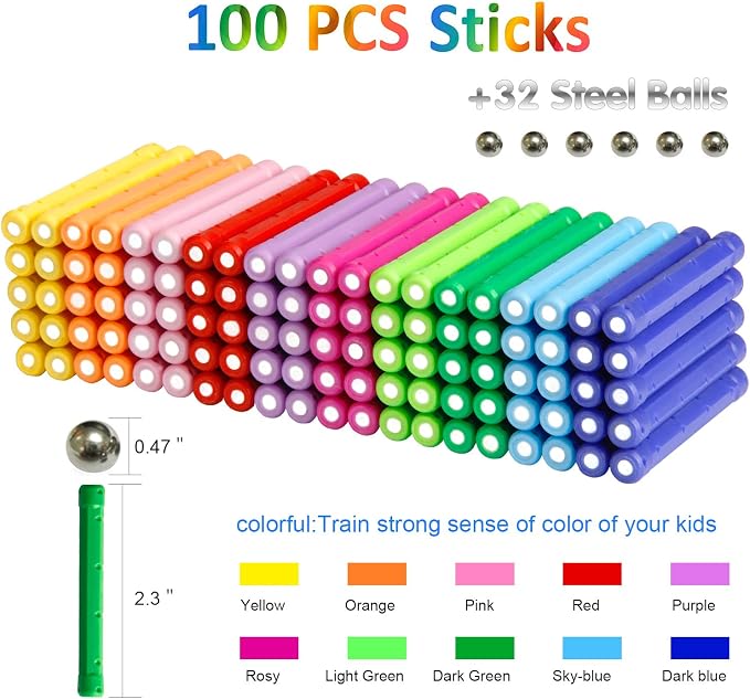 ELONGDI Magnetic Building Blocks, [ 132 Pieces ] Lengthen Building Sticks Set, Magnet Stem Toys Set Non-Toxic Building 3D Puzzle Boys Toys for Kids and Adult