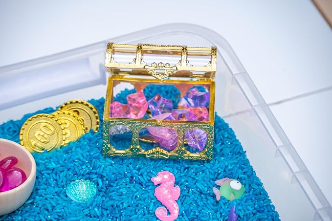 Mermaid Sensory Bin Kit for Kids | Blue Rice, Pinto Beans, Mermaids, Gems, Shells & Treasure Chest – Ocean-Themed Sensory Play with Storage Bin