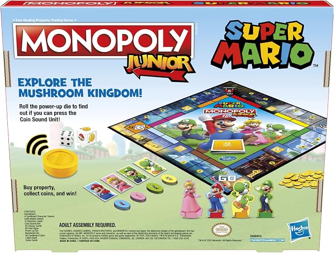 Monopoly Junior Super Mario Edition Board Game, Fun Kids' Ages 5 and Up, Explore The Mushroom Kingdom as Mario, Peach, Yoshi, or Luigi (Amazon Exclusive)