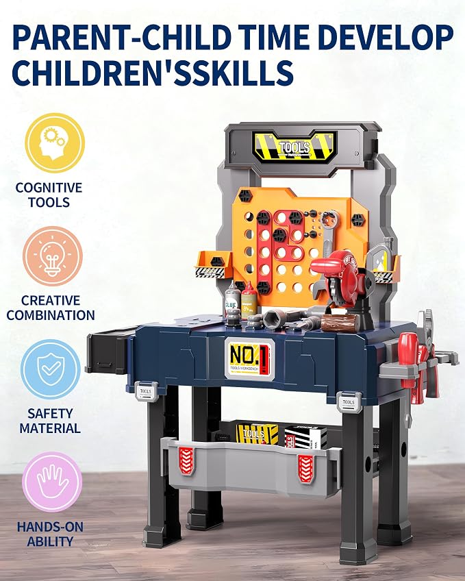 Deejoy Kids Tool Bench with Electric Drill and Engineer Vest | 3-in-1 Toddler Workbench and Costume Set, Construction Toys for Boys 3-5, Engineering Role Play Kit for Toddlers Age 3 4 5 6