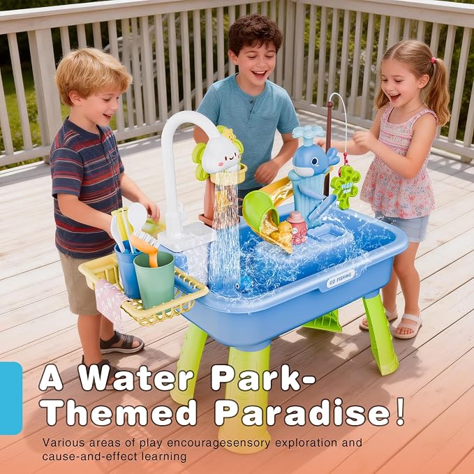 2026 Upgraded Water Table for Toddlers 1-3, Kids Play Sink with Running Water, Toddler Kitchen Sink Toy with Pump, Fishing Game & Sensory Water Play Toys for Boys Girls (Blue)