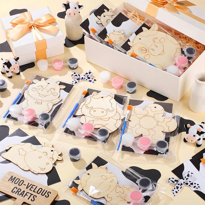 Saypacck 24 Pcs Party Favors Wooden Painting Craft Kits Birthday Party Supplies with Organza Bag for Goodie Bags Fillers Adult Thank You Gifts(Cow)