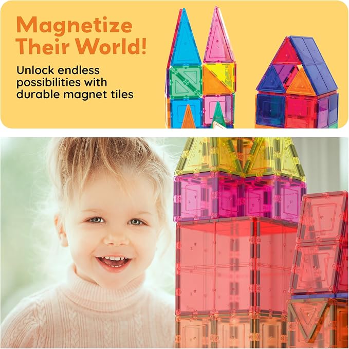 PicassoTiles 60 Piece Magnetic Tiles Clear 3D Building Blocks STEM Ages 3+ | Montessori sensory learning, easy small-hand grip, multiplayer group play fun, preschool classroom gifting, smooth safe edges