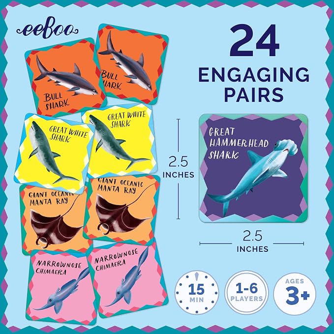 eeBoo Shiny Sharks & Friends Memory & Matching Game, Ages 3+, 1-4 Players | Introduces sharks & marine life. Sharpens recognition, concentration & memory skills. Includes 48 foil tiles, 24 pairs