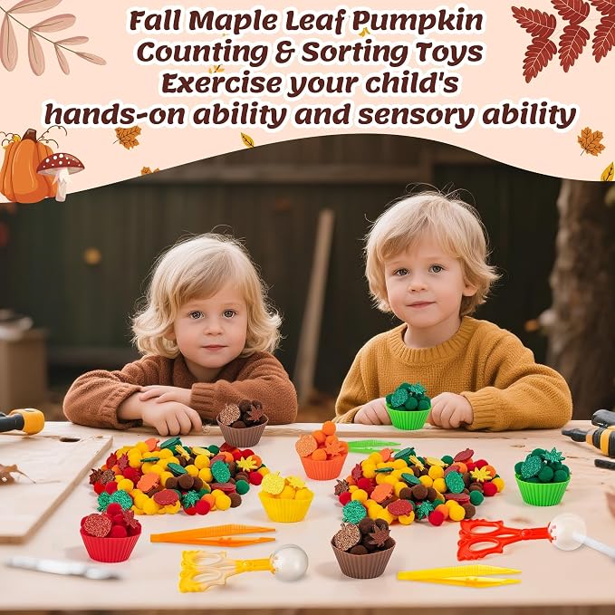 EZdhuawuse Fall Sensory Bin Fillers Toys- 267Pcs Thanksgiving Gifts Fine Sorting Stacking Motor Toys for Kids, Autumn Glitter Felt Maple Leaf Pumpkin Sorting Activity for Preschool Early Development