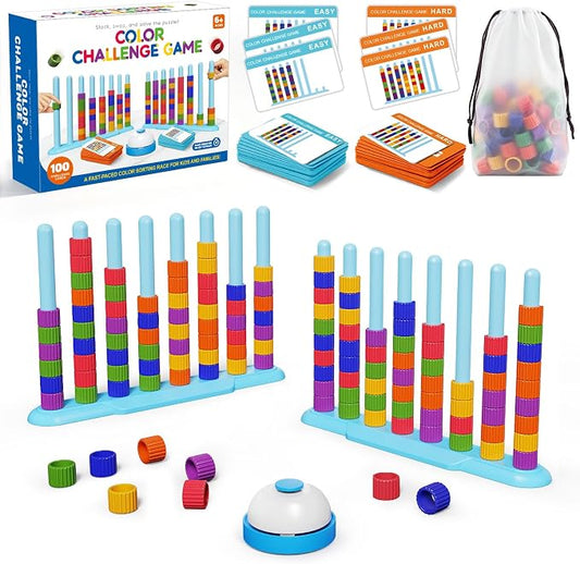 2 Pack Color Challenge Game – 2 Players Color Matching Puzzle Game, Fun Board Game for Kids 6-8-12, Adults, Party & Family Game Night, Stacking Game with 2 Stack Racks, 100 Cards, 120 Rings & Bell