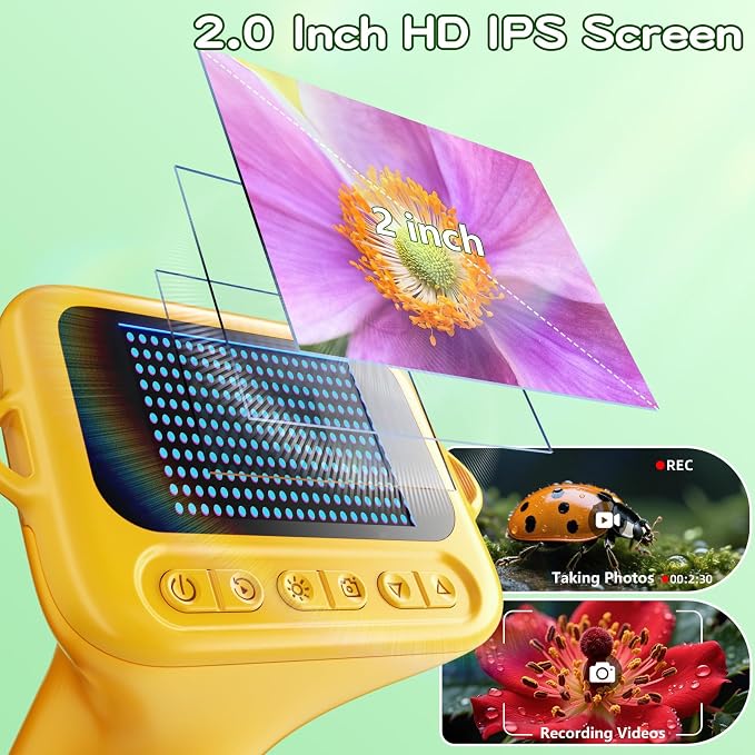 Odatay 1000X Digital Kids Microscope Kit with 12 Slides & 2" Screen, Orange | 1080P Imaging, Fit Ages 3-12, Standalone Pocket Science Edu Toys Gifts, Outdoor Backyard Bugs Exploring, Anti-drop Lanyard